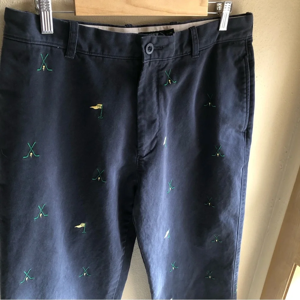 Vintage J. Crew Flat Front Broken In Chino. Navy w/ Golf Theme. Size 34W x 34L